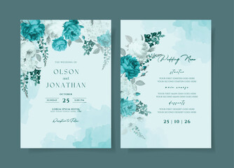 A watercolor wedding invitation card template with tosca blue and white flowers decoration