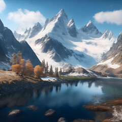 Beautiful snowy mountain with lake and autumn trees. Generative AI