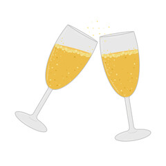 Champagne drink isolated on a white background. Two glasses of champagne. Bubbles. A flying cork from a bottle. Poster, postcard, flyer design. The concept of the holiday. Vector flat illustration.