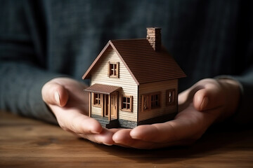Photo of a person holding a small house, symbolizing the dream of owning a home