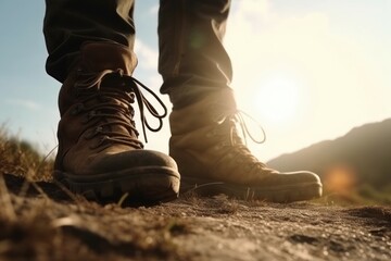 Hiker goes against sky and sun. Hiking concept. AI generated, human enhanced