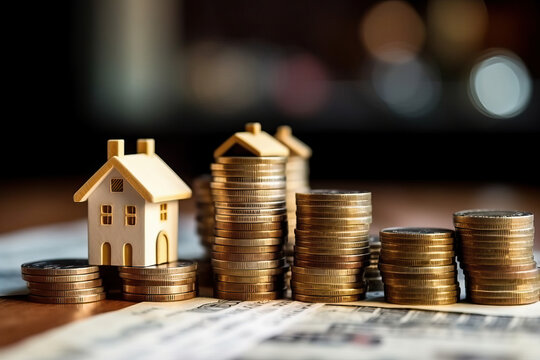 Photo of a small house perched on top of a stack of coins, symbolizing real estate investment