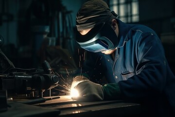 Obraz na płótnie Canvas Worker or welder in the metallurgical industry performing welding in his workshop. AI generated, human enhanced.
