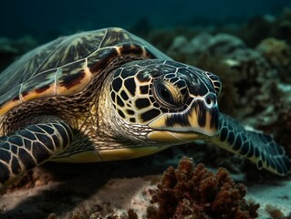 Fototapeta premium Hawksbill Turtle: endangered animals, endangered species, endangered marine life, species survival. Generative art, Generative AI.