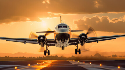 Fototapeta premium Airplane taking off in the rays of the setting sun. Runway shot of plane taking off at sunset. Generative AI