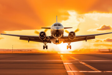 Fototapeta na wymiar Airplane taking off in the rays of the setting sun. Runway shot of plane taking off at sunset. Generative AI