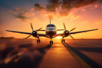 Fototapeta premium Airplane taking off in the rays of the setting sun. Runway shot of plane taking off at sunset. Generative AI