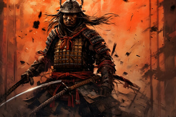 Fototapeta premium samurai wielding a katana, capturing the intensity and honor in their eyes. Generated AI