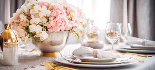 Tables set for an event party or wedding reception. Luxury elegant table setting dinner in a restaurant. glasses and dishes.	