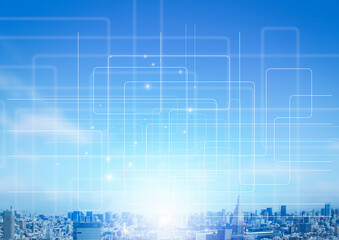 晴れた都市風景とデジタル電子イメージ