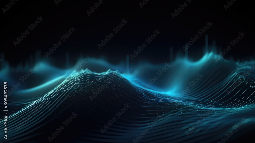 Poster 3d render of a modern background with a blue flowing particles wave design.generative ai aig21.