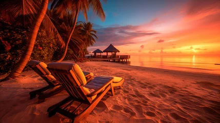 Schilderijen op glas Evening landscape on a tropical island. Maldives with palm trees and sun loungers. Generative AI © keks20034