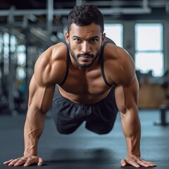 Naklejka na ściany i meble Muscle and Might: Capturing the Intensity of a Man's Push-Up Workout, generative ai