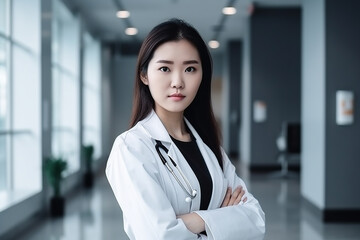 Fototapeta na wymiar 30s medic lady, successful asian woman, female doctor posing in a hospital hallway, generative AI