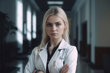 good looking doctor girl medic lady, caucassian young professinal blonde female successful woman working in a hospital, generative AI