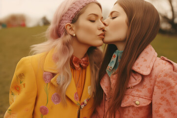 lgbtq+ two young women lesbian bisexual couple kissing on pride month with rainbow coloured details in editorial style diversity + equality  - obrazy, fototapety, plakaty