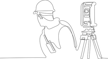 Close up of Caucasian worker with helmet on head using tablet for work while standing in warehouse. Surveyor with a tripod icon. Geodesic tripod. Vector illustration