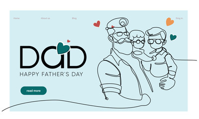 Hugs of a father with a child. One continuous line drawing banner, background, poster with family embrace. Happy Father Day simple vector illustration of child and father. Vector illustration