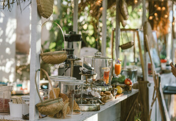 Drinks and desserts table in an outdoor Cafe