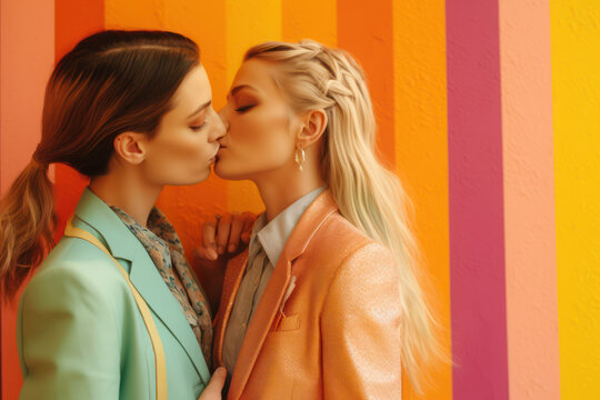 lgbtq+ two women lesbian bisexual couple kissing on pride month with rainbow coloured details 