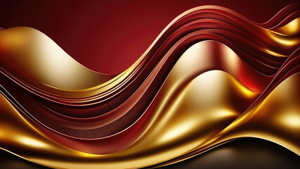 Abstract 3D modern luxury banner design template golden wave paper cut with gold ribbon lines on dark red brown background. Generative AI