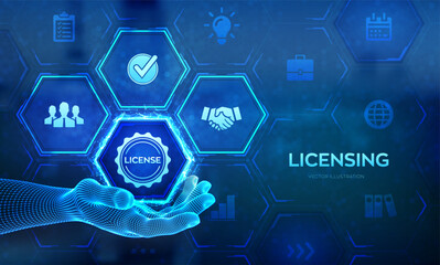 Licensing. License agreement concept in wireframe hands. Copyright protection law license property rights. Business technology concept on virtual screen. Vector illustration. - obrazy, fototapety, plakaty