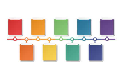 Horizontal timeline or flowchart with nine square elements and space for data. Concept of 9 successive steps of company process.