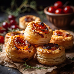 Obraz na płótnie Canvas Puff pastry rolls with ham and chese. Baked snacks. Sun-dried tomato and feta puff pastry bites in warm vibrant light. Realistic 3D illustration. Generative AI