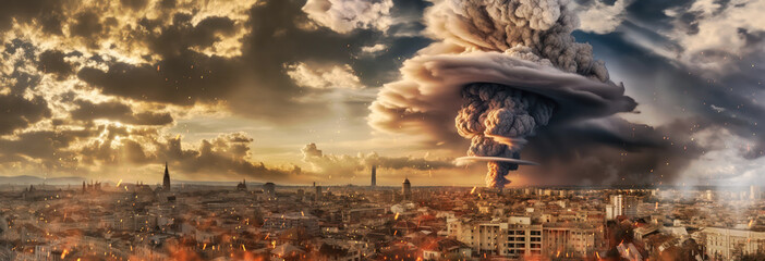 big nuclear explosion mushroom cloud effect over city skyline for apocalyptical aftermath of nuclear attach or the use of mass destruction weapons - Generative AI - obrazy, fototapety, plakaty