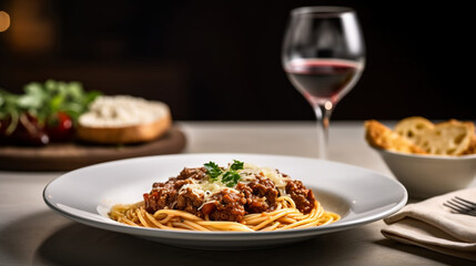 spaghetti with tomato sauce and  parmesan cheese on it.  Image Generative AI. - obrazy, fototapety, plakaty