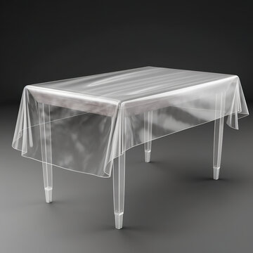 Transparent tablecloth on a table with a texture perspective view. Table with a transparent smoth plastic table cover. Realistic 3D illustration. Generative AI