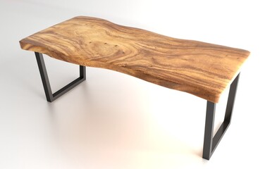 Wooden lacquered table with black metal legs on white background standing at an angle of perspective view. Woodworking and carpentry production. Furniture manufacture. Live edge elm slab coffee table.