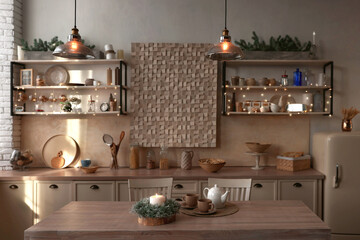 Kitchen interior with festive decor. Christmas celebration