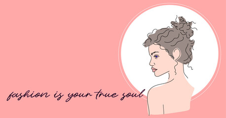 Esthetic Silhouette Girl on red Background. Portrait minimalistic style.Curl hair. Nature symbol of cosmetics. Modern continuous line art. Fashion print. Minimalism.