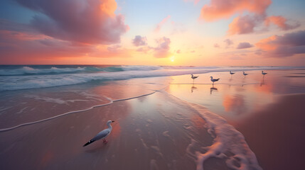 A peaceful beach scene with gentle waves, seagulls, and a colorful sunset captured with a wide-angle lens, using warm and vibrant film to create a serene and inviting atmosphere generative AI