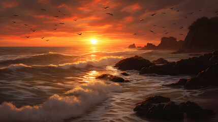 Obraz premium A peaceful beach scene with gentle waves, seagulls, and a colorful sunset captured with a wide-angle lens, using warm and vibrant film to create a serene and inviting atmosphere generative AI