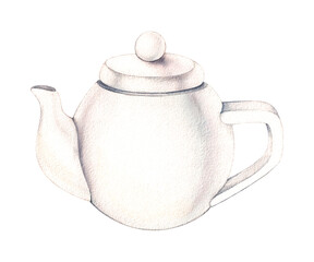Watercolor white ceramic teapot for tea on a white background