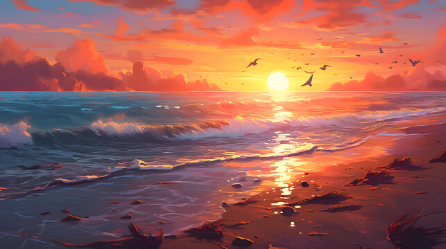 A peaceful beach scene with gentle waves, seagulls, and a colorful sunset captured with a wide-angle lens, using warm and vibrant film to create a serene and inviting atmosphere generative AI