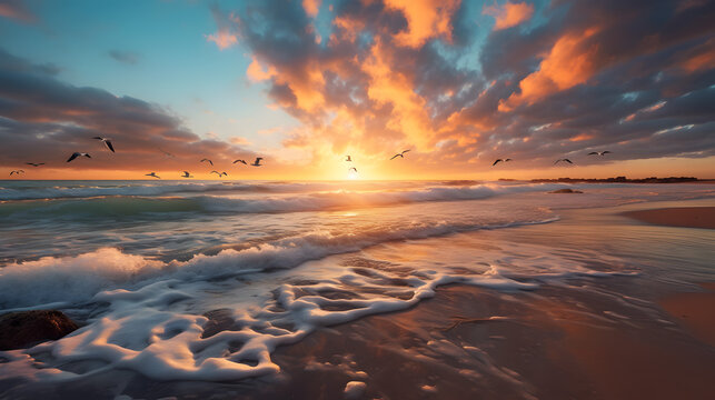 A peaceful beach scene with gentle waves, seagulls, and a colorful sunset captured with a wide-angle lens, using warm and vibrant film to create a serene and inviting atmosphere generative AI