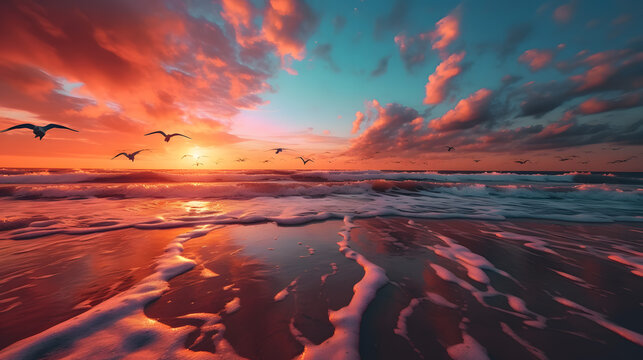 A peaceful beach scene with gentle waves, seagulls, and a colorful sunset captured with a wide-angle lens, using warm and vibrant film to create a serene and inviting atmosphere generative AI