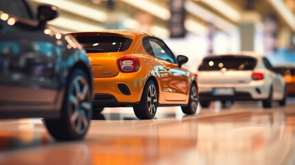 New cars at dealer showroom. Blurred background  Generative AI