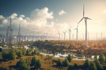 Fototapeta na wymiar Renewable energy scene with wind turbines, solar panels, city, and clouds in 3D. Generative AI