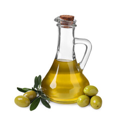 Glass jug of cooking oil, ripe olives and green leaves isolated on white