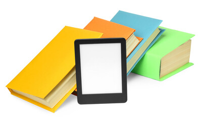 Obraz na płótnie Canvas Hardcover books and modern e-book isolated on white
