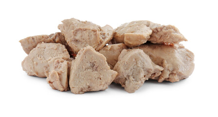 Pieces of tasty cod liver on white background