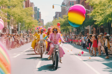 lgbtq+ community during pride parade celebrating pride month with colorful retro backgrounds