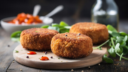 Vegan cutlet food with quinoa, broccoli and salad in plates on light wooden board. Tasty vegan cutlet food on white wood table. Realistic 3D illustration. Generative AI