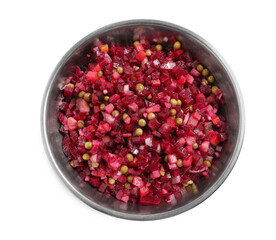 Bowl of delicious fresh vinaigrette salad isolated on white, top view