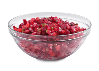 Bowl of delicious fresh vinaigrette salad isolated on white