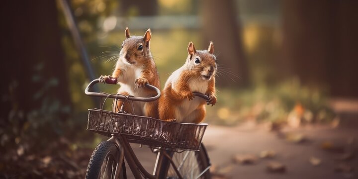 squirrels have fun bicycle ride on sunshine day in summer on town street Generative AI